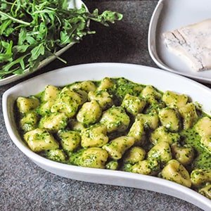 Potato Gnocchi with Arugula Pesto and Gorgonzola Cheese