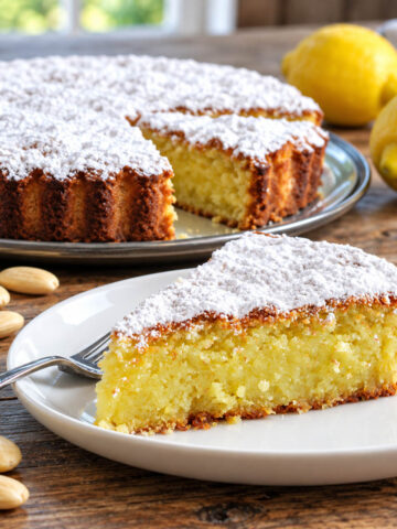 Lemon Torta Caprese with a slice showing the moist almond cake inside