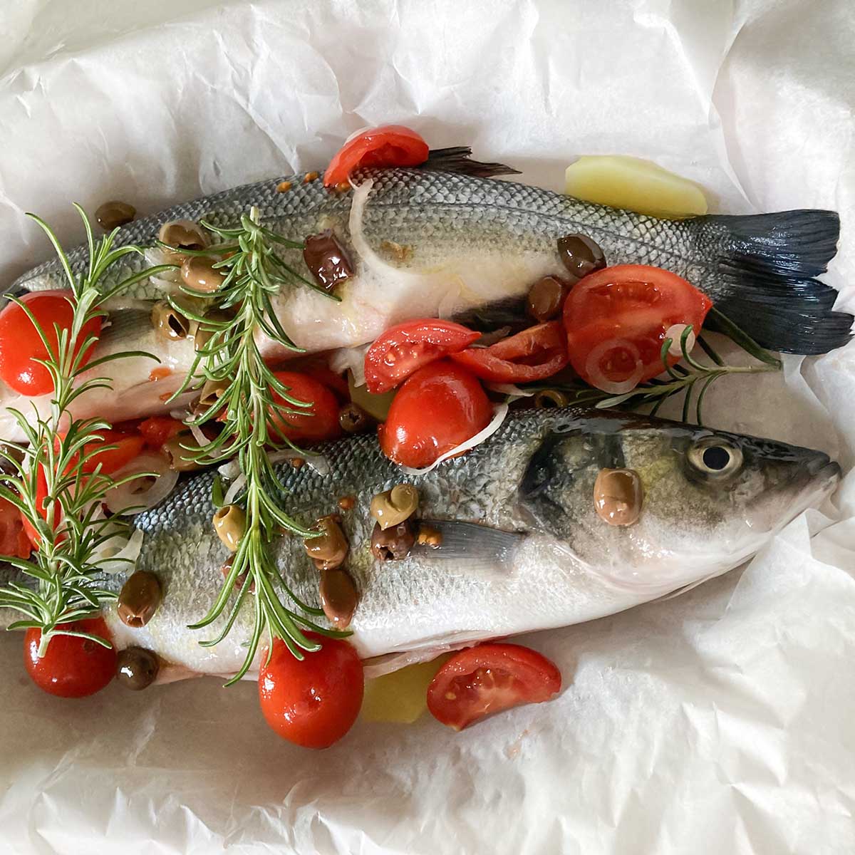 Sea Bass Baked in Foil Ligurian-style