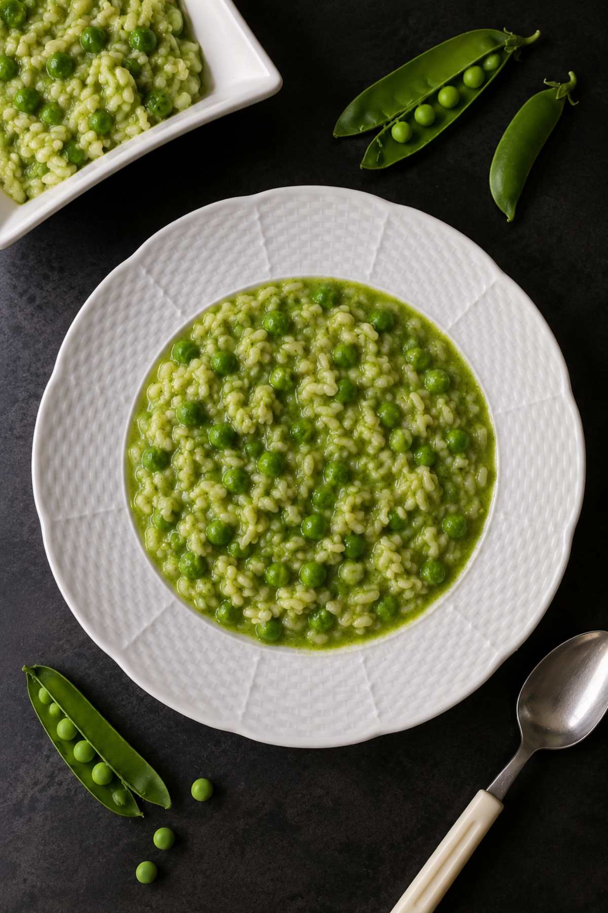 Overhead view of Risi e Bisi, traditional Venetian rice and peas, served in a white plate