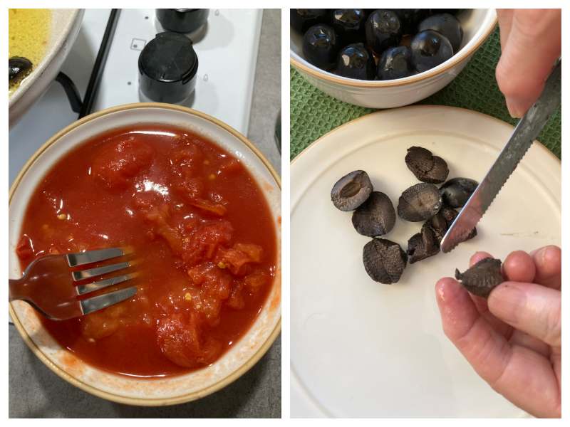 preparing the ingredients for puttanesca sauce