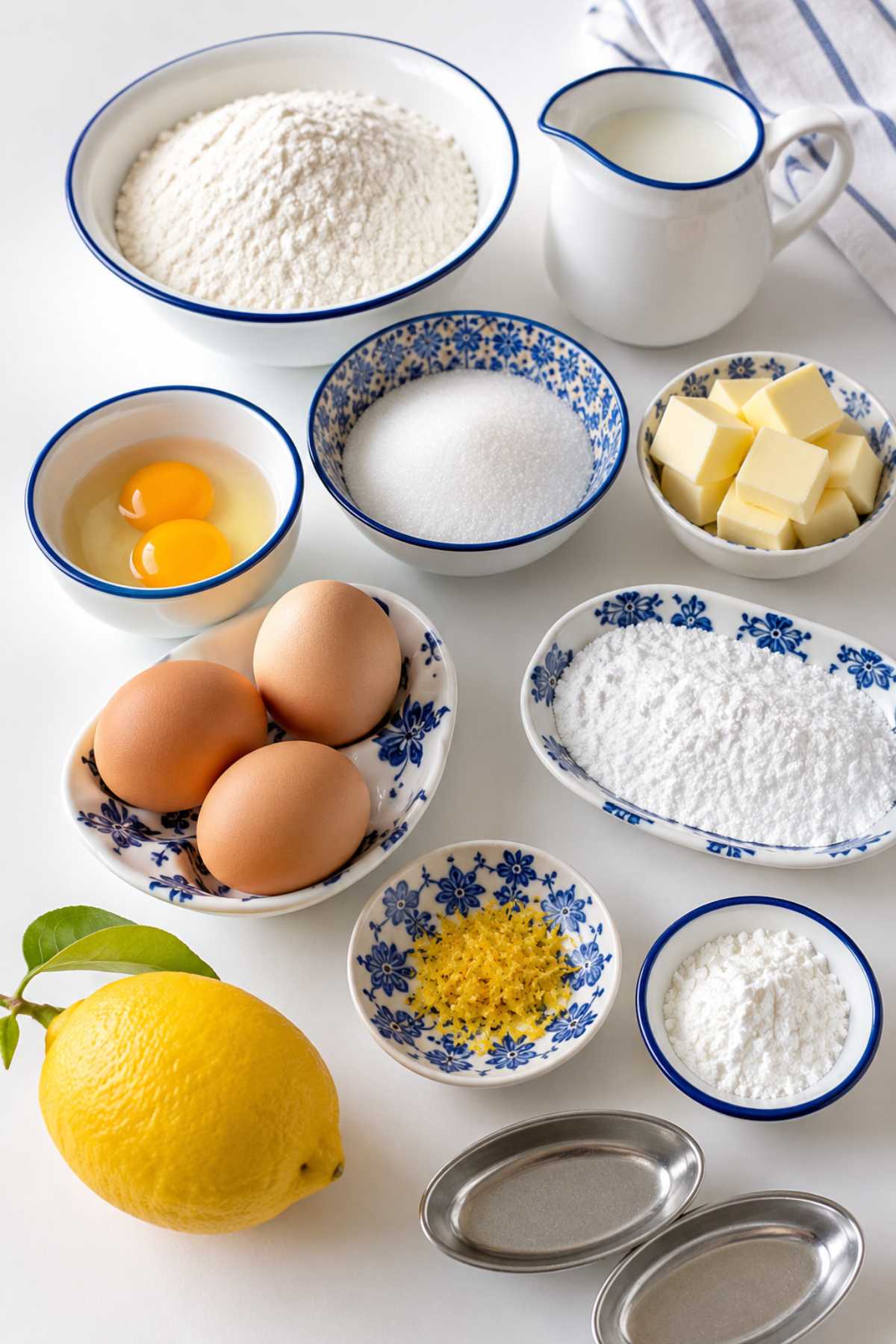 Ingredients for homemade pasticciotto with flour, eggs, butter, milk, sugar, lemon zest and oval molds