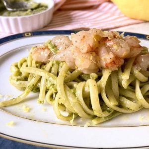 linguine al pesto with red shrimp tartare and lemon