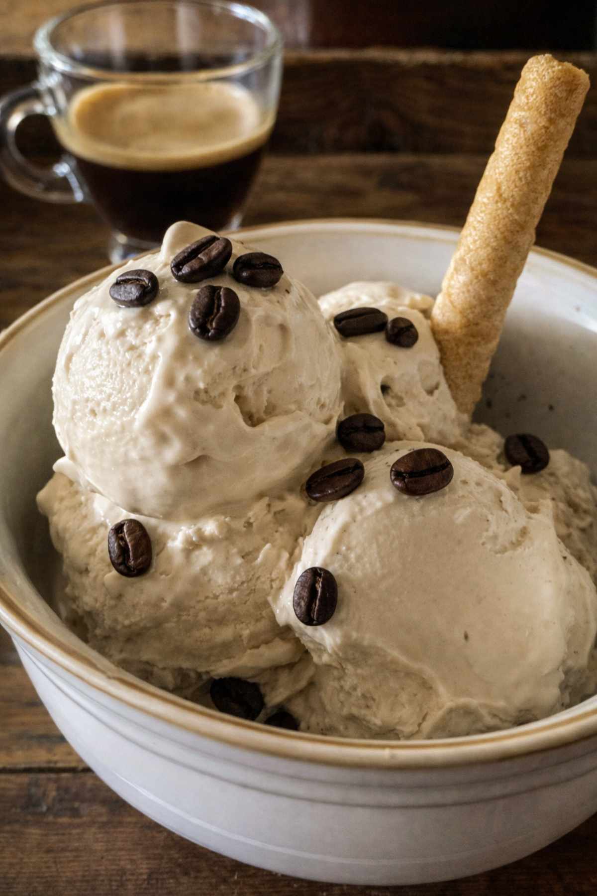 creamy coffee gelato scoops with coffee beans and espresso