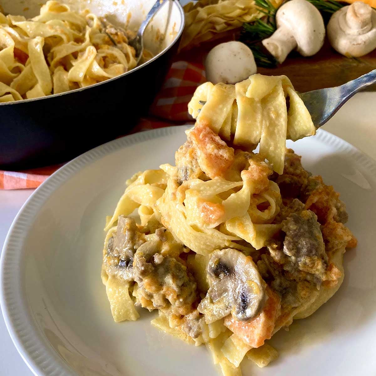 Creamy Pumpkin Tagliatelle with Sausage and Mushrooms