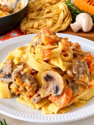 creamy tagliatelle with pumpkin sausage and mushrooms