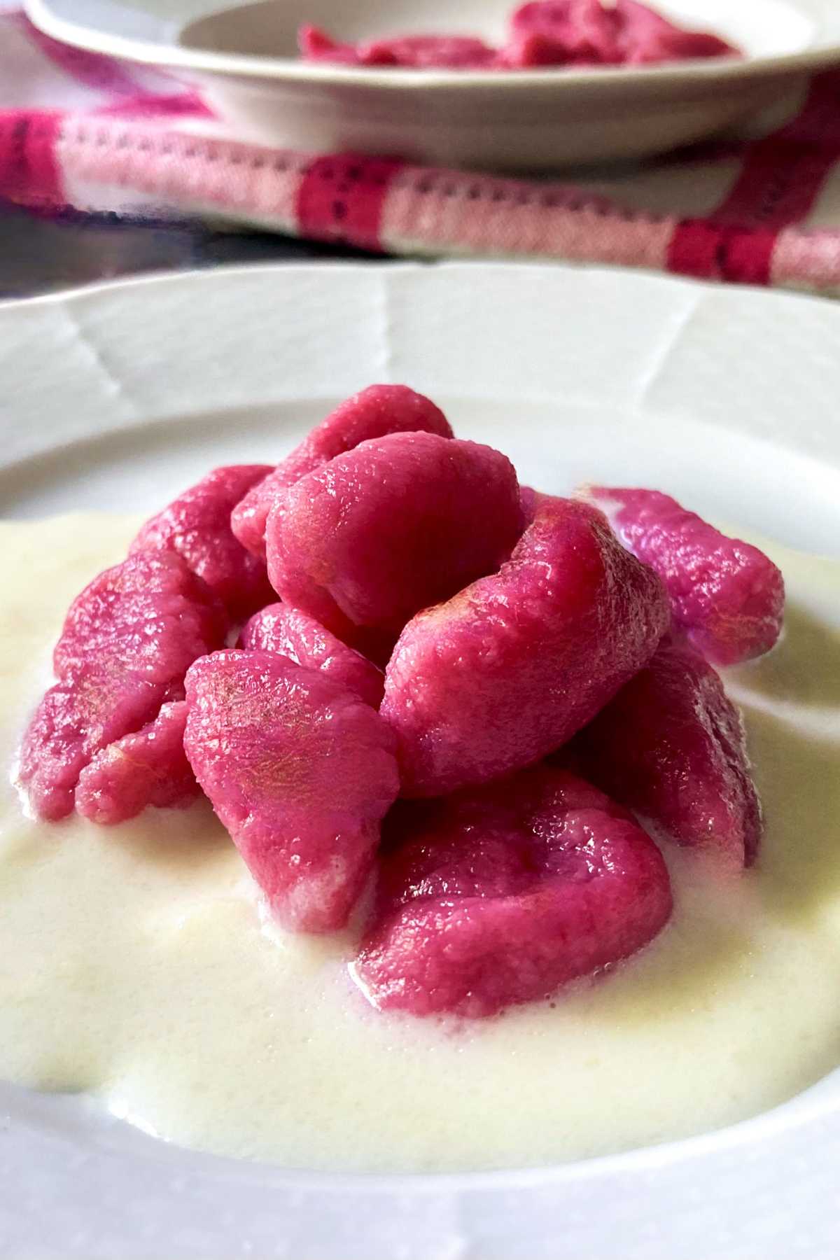 beet gnocchi with taleggio cream