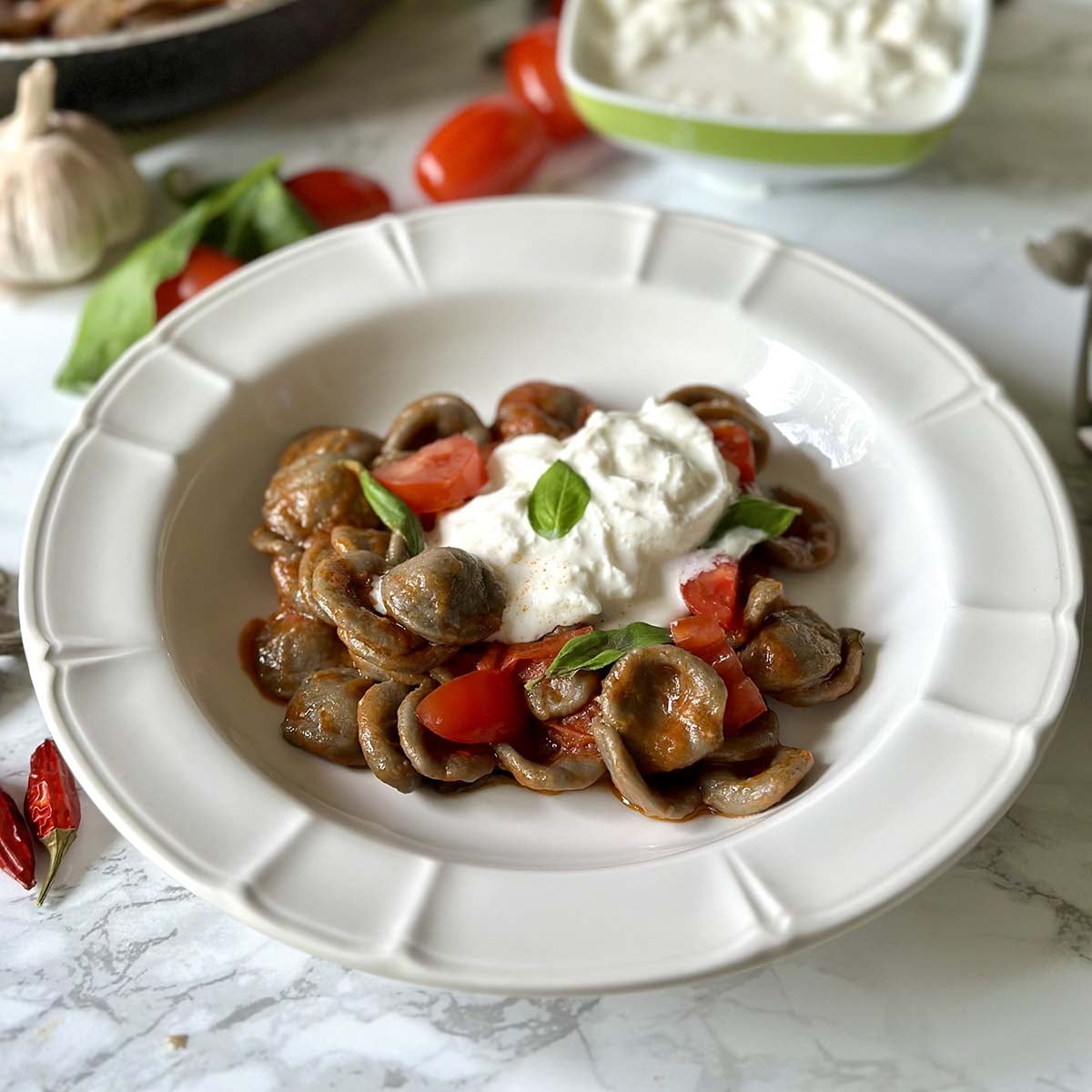 Orecchiette di Grano Arso Recipe with Burrata & Cherry Tomatoes