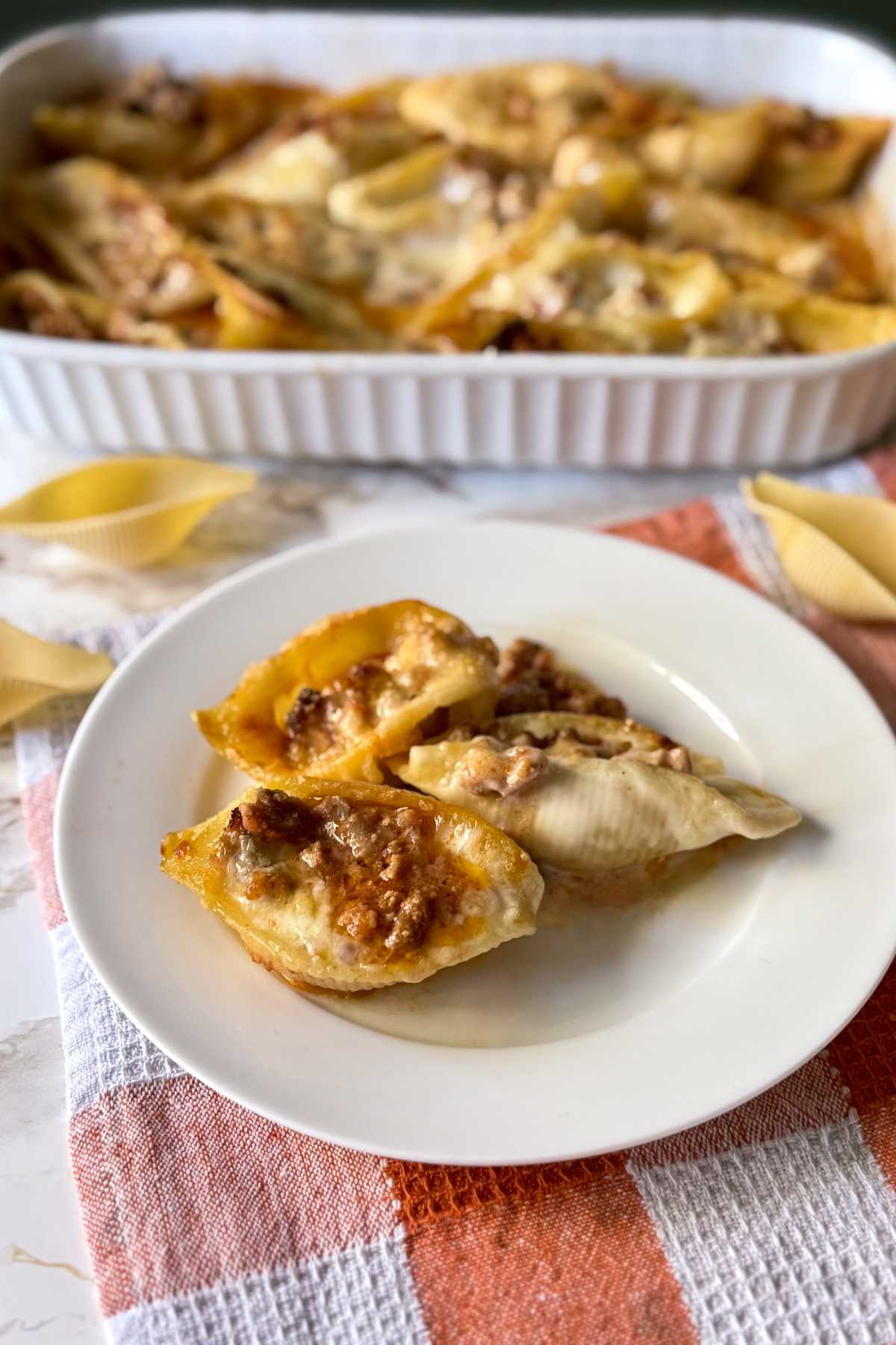 Italian stuffed shells with meat sauce