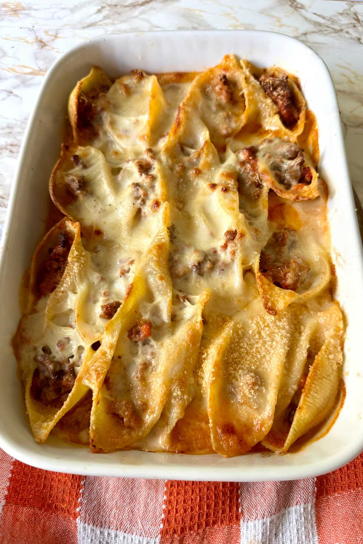 Italian stuffed shells with meat sauce