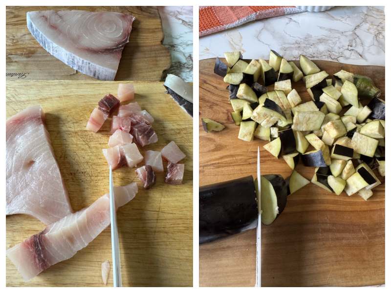 paccheri with swordfish eggplant and tomato step 1