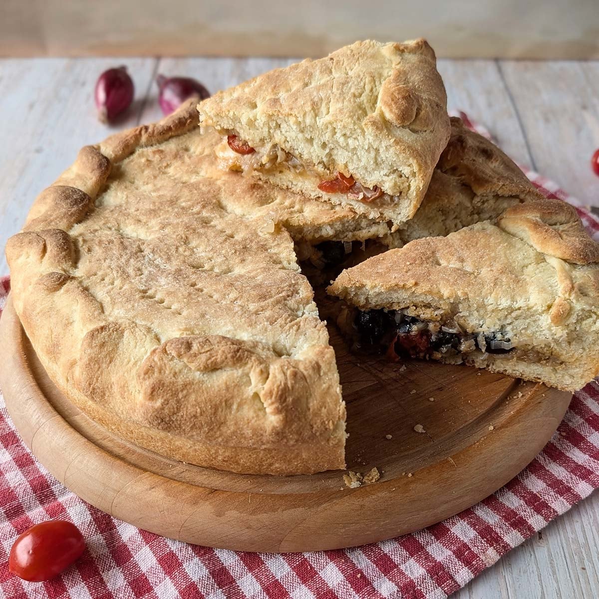 Stuffed Focaccia Pugliese with Tomatoes, Olives and Onions