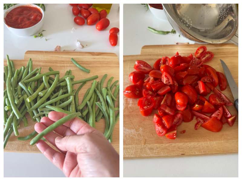 Italian green beans in tomato sauce step 1